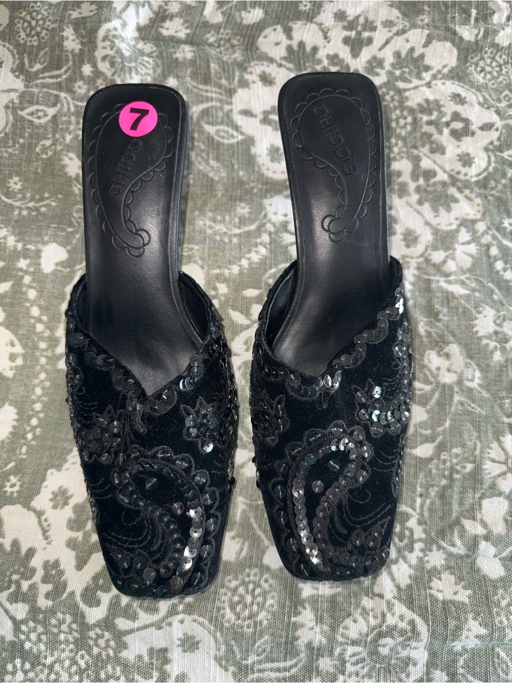 Chico’s NWT Black Velvet Paisley Sequined Kitten Heel Mule Women’s Size 7